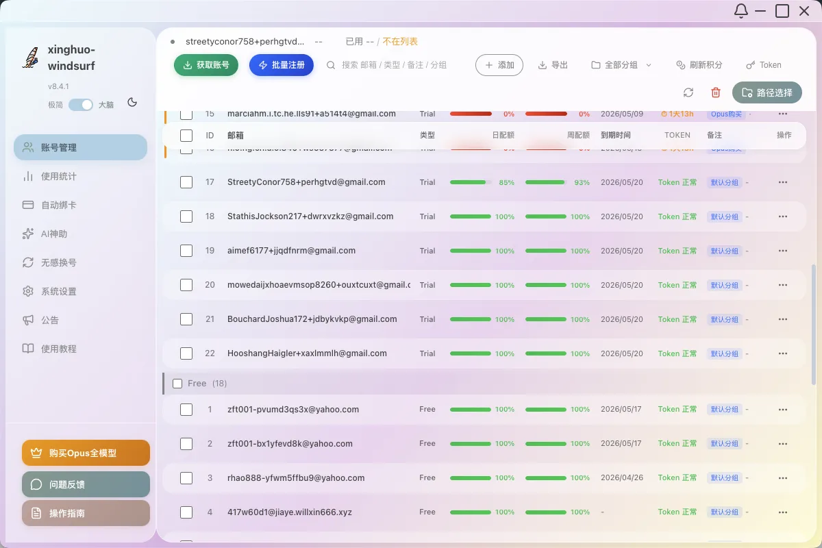 Windsurf 全自动账号管理与积分监控界面
